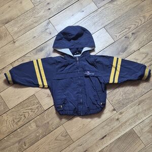 London Fog Navy Hooded Kids Raincoat with Yellow Sleeve Stripes